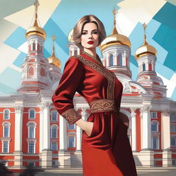 A depiction of a confident and alluring Russian woman, dressed in stylish attire