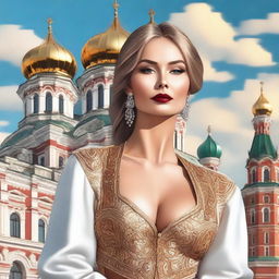 A depiction of a confident and alluring Russian woman, dressed in stylish attire