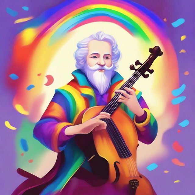 A flamboyant variant human bard wearing rainbow-colored clothes, passionately playing a viol