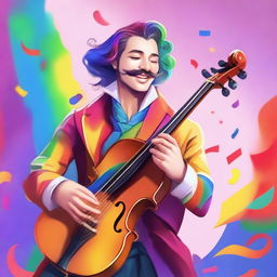 A flamboyant variant human bard wearing rainbow-colored clothes, passionately playing a viol