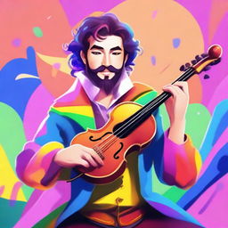 A flamboyant variant human bard wearing rainbow-colored clothes, passionately playing a viol