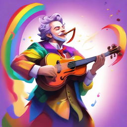 A flamboyant variant human bard wearing rainbow-colored clothes, passionately playing a viol