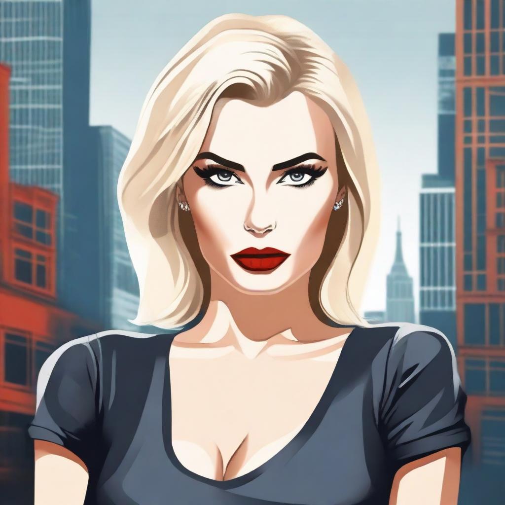 A depiction of a confident and modern Russian woman with blonde hair, red lips, and smokey eyes