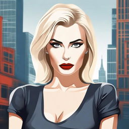 A depiction of a confident and modern Russian woman with blonde hair, red lips, and smokey eyes