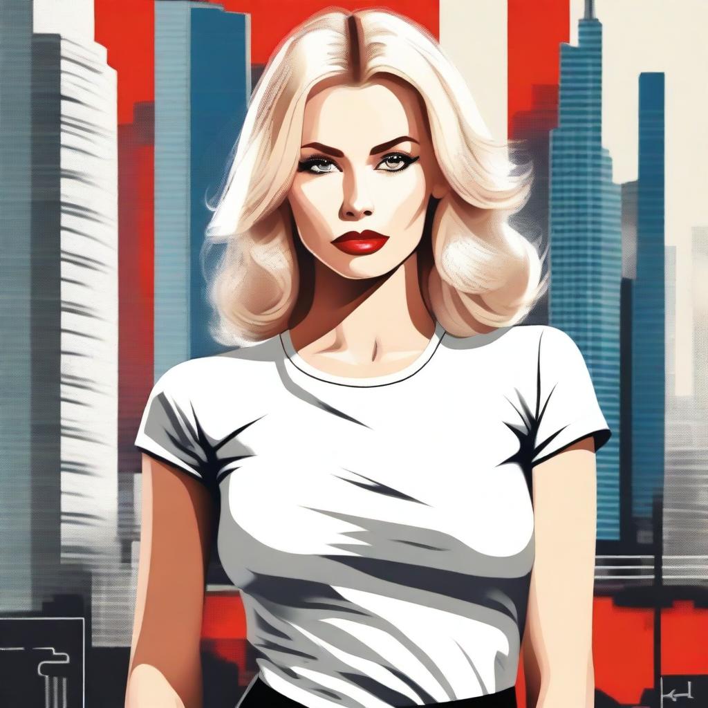 A depiction of a confident and modern Russian woman with blonde hair, red lips, and smokey eyes