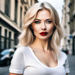 A depiction of a confident and modern Russian woman with blonde hair, red lips, and smokey eyes