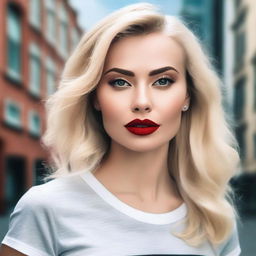 A depiction of a confident and modern Russian woman with blonde hair, red lips, and smokey eyes