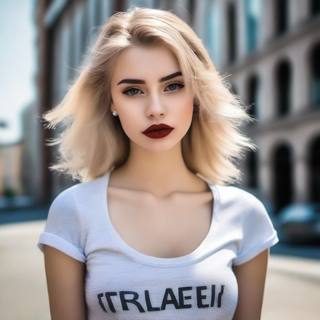 A depiction of a confident and modern 18-year-old Russian woman with blonde hair, red lips, and smokey eyes