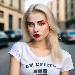 A depiction of a confident and modern 18-year-old Russian woman with blonde hair, red lips, and smokey eyes