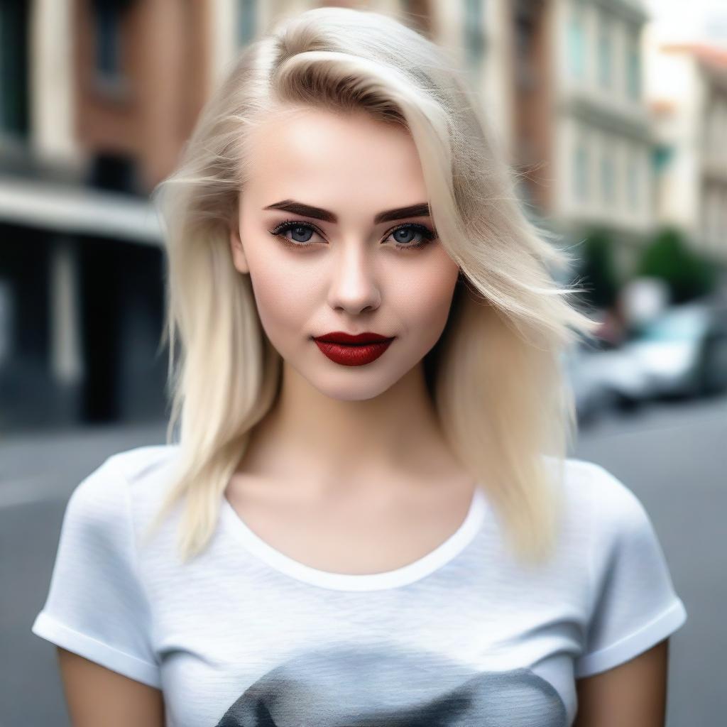 A depiction of a confident and modern 18-year-old Russian woman with blonde hair, red lips, and smokey eyes