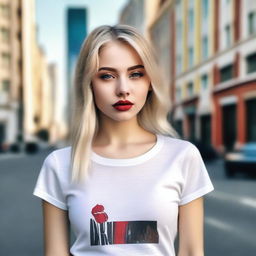 A depiction of a confident and modern 18-year-old Russian woman with blonde hair, red lips, and smokey eyes