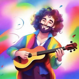 A flamboyant young human bard with rainbow clothes, a viol, a beard, and curly hair