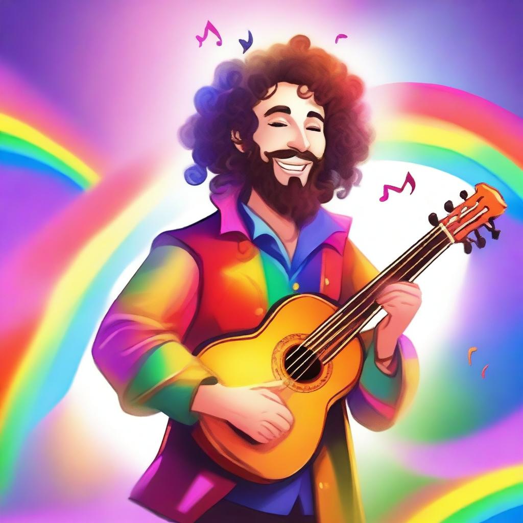 A flamboyant young human bard with rainbow clothes, a viol, a beard, and curly hair