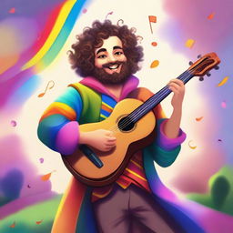 A flamboyant young human bard with rainbow clothes, a viol, a beard, and curly hair