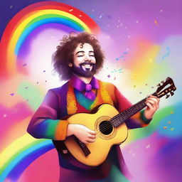 A flamboyant young human bard with rainbow clothes, a viol, a beard, and curly hair