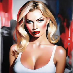 A depiction of a confident and alluring Russian woman with blonde hair, red lips, smokey eyes, and high cheekbones