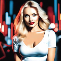 A depiction of a confident and alluring Russian woman with blonde hair, red lips, smokey eyes, and high cheekbones