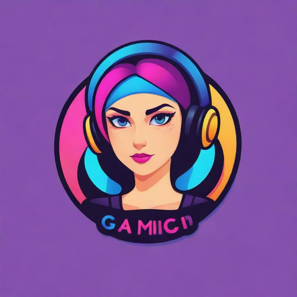 Design a modern and stylish gaming logo featuring a female character, incorporate elements related to video games with vibrant colors.