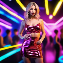 A depiction of a confident and glamorous Russian adult film actress in a vibrant nightclub