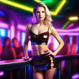 A depiction of a confident and glamorous Russian adult film actress in a vibrant nightclub