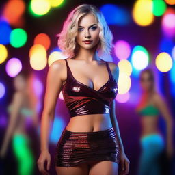 A depiction of a confident and glamorous Russian adult film actress in a vibrant nightclub