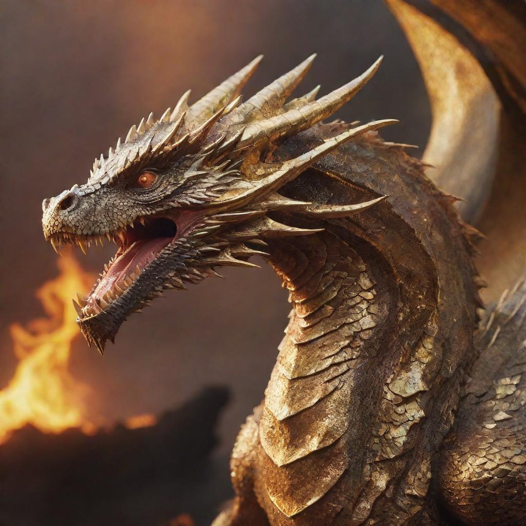 An aggressive dragon with scales shimmering in gold, poised for attack against a fiery, hellish backdrop