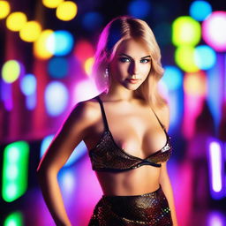 A depiction of a confident and glamorous Russian adult film actress in a vibrant nightclub