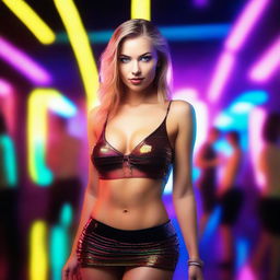 A depiction of a confident and glamorous Russian adult film actress in a vibrant nightclub