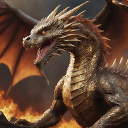 An aggressive dragon with scales shimmering in gold, poised for attack against a fiery, hellish backdrop