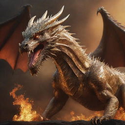 An aggressive dragon with scales shimmering in gold, poised for attack against a fiery, hellish backdrop