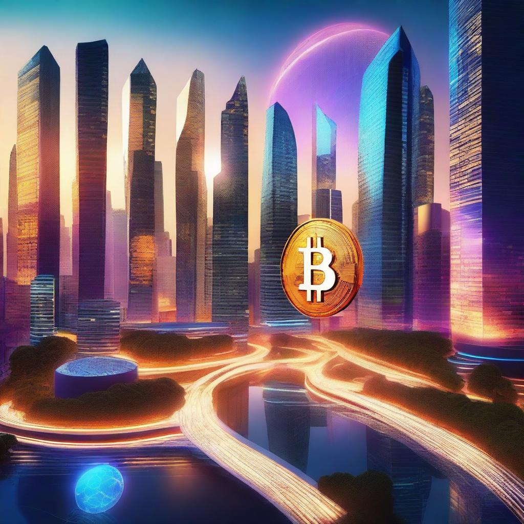 A futuristic cityscape where modern buildings are intertwined with digital elements representing Bitcoin (BTC)