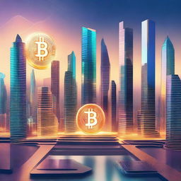 A futuristic cityscape where modern buildings are intertwined with digital elements representing Bitcoin (BTC)