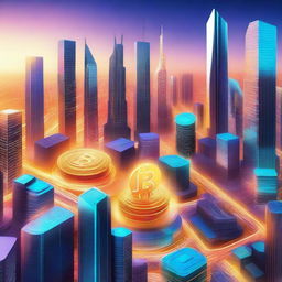 A futuristic cityscape where modern buildings are intertwined with digital elements representing Bitcoin (BTC)