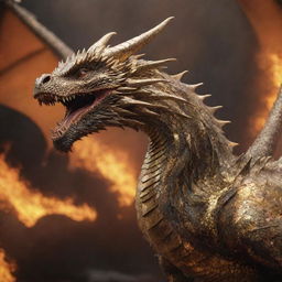 An aggressive dragon with scales shimmering in gold, poised for attack against a fiery, hellish backdrop