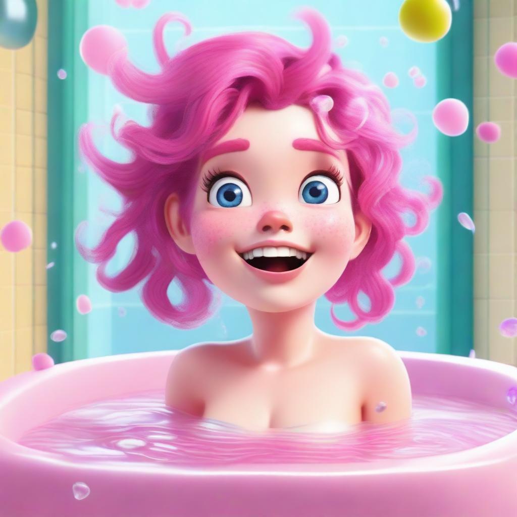 A character with bright pink hair, looking sweaty, set against a background of a bubble bath