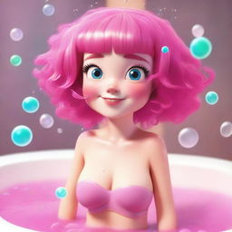 A character with bright pink hair, looking sweaty, set against a background of a bubble bath