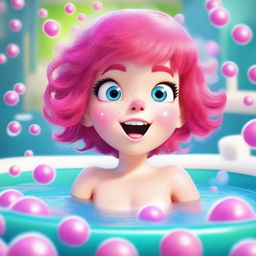 A character with bright pink hair, looking sweaty, set against a background of a bubble bath