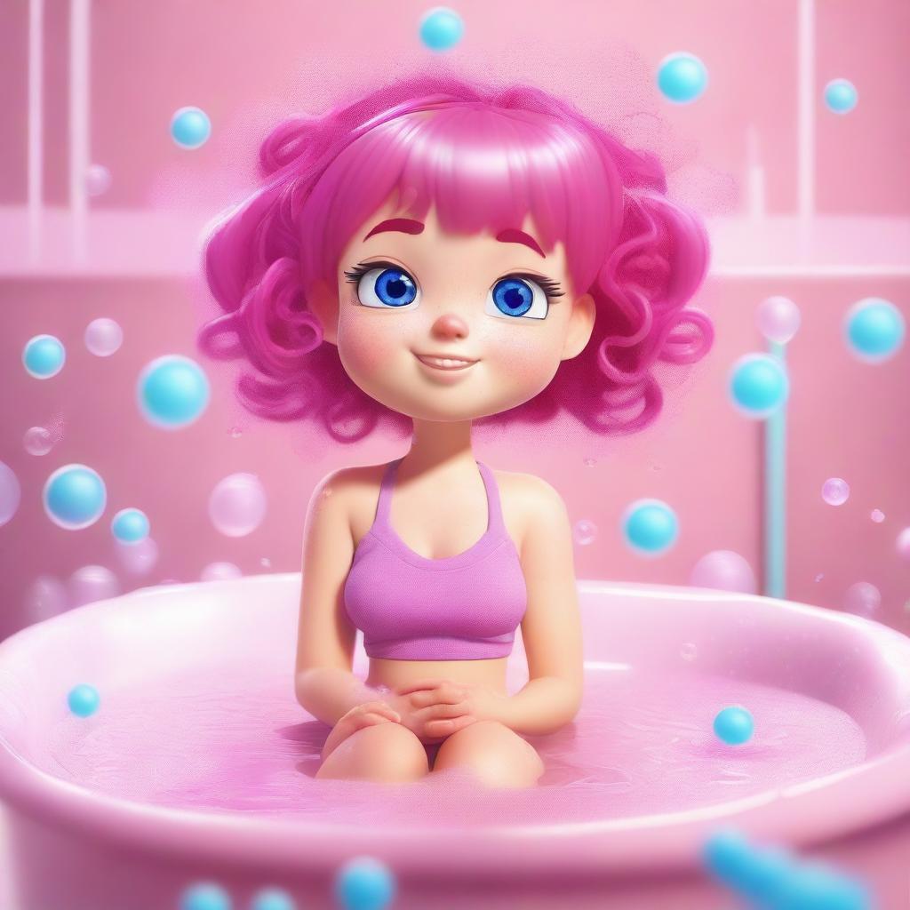 A character with bright pink hair, looking sweaty, set against a background of a bubble bath