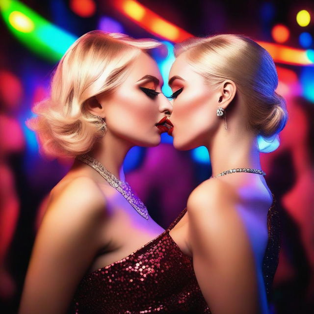 A depiction of a blonde Russian model with red lips in a nightclub