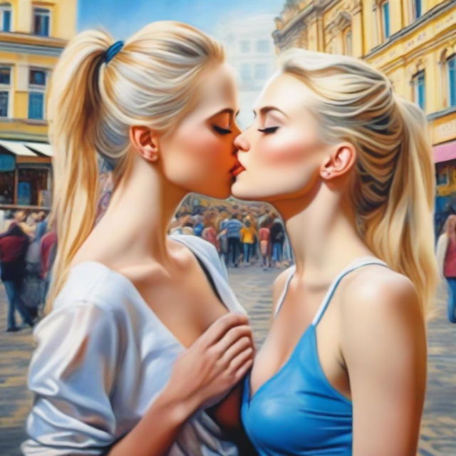 A depiction of two blonde, sexy Ukrainian girls making out in a public setting