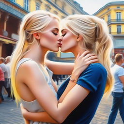 A depiction of two blonde, sexy Ukrainian girls making out in a public setting