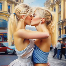 A depiction of two blonde, sexy Ukrainian girls making out in a public setting