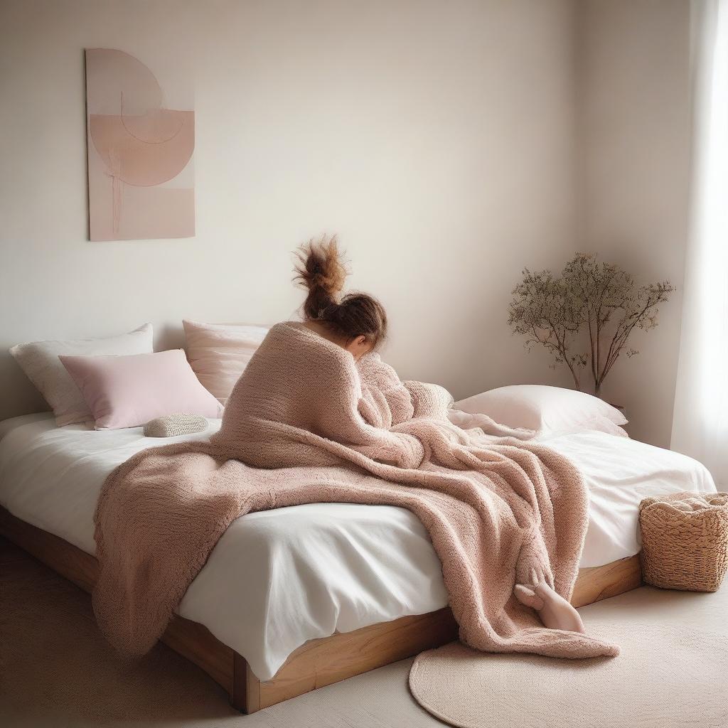 A closer representation of the original image: A woman laying on top of a bed, appearing relaxed and content