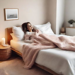 A closer representation of the original image: A woman laying on top of a bed, appearing relaxed and content