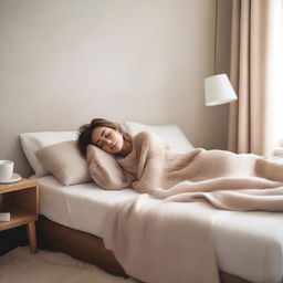 A closer representation of the original image: A woman laying on top of a bed, appearing relaxed and content