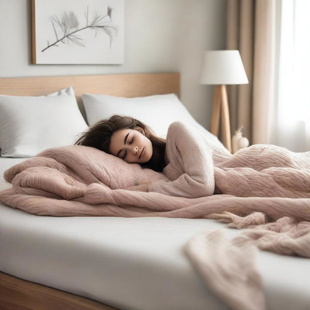 A closer representation of the original image: A woman laying on top of a bed, appearing relaxed and content