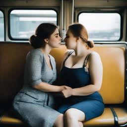 A depiction of two busty Ukrainian girls making out on a bus