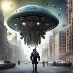 Create a photorealistic film poster with the text 'Alien Invasion' prominently displayed as the title