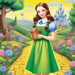 A vibrant and fantastical scene featuring the daughter of Dorothy from the Wizard of Oz, set in a magical land with lush greenery, colorful flowers, and whimsical creatures