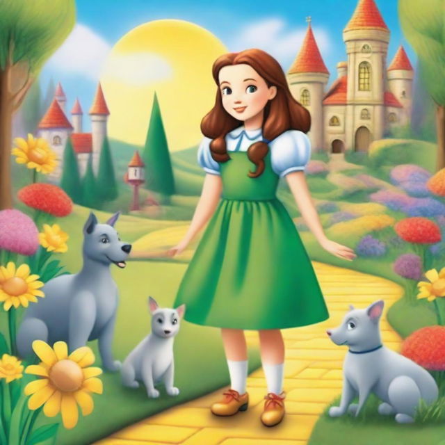 A vibrant and fantastical scene featuring the daughter of Dorothy from the Wizard of Oz, set in a magical land with lush greenery, colorful flowers, and whimsical creatures